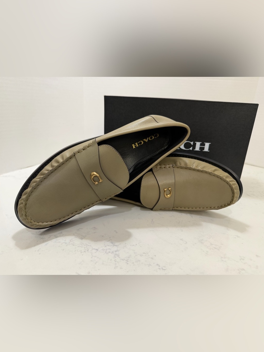 Coach woman’s Olive Green Leather Slip-On Loafers with Gold Accent - Picture 3 of 11